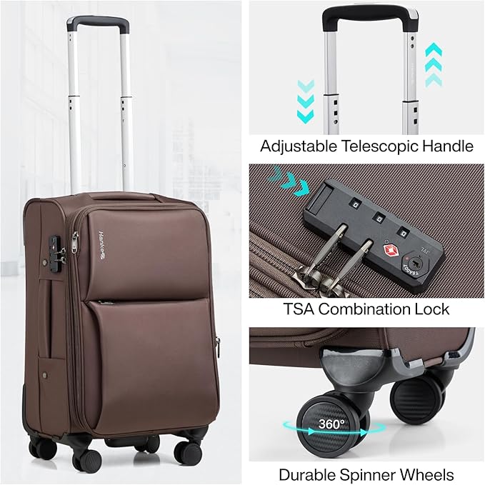 Hanke Softside Expandable 20 Inch Carry On Luggage with Wheels Airline Approved, TSA Luggage Lightweight Rolling Suitcases for Travel Carry On Bag(Coffee)
