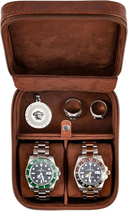 Awesometik 2 Slot Luxury Travel Faux Leather Watch Case. Watch Storage Organizer. Watch Display & Watch Holder. Perfect For Watch Collection. Ready to Gift for Men (2 Slot Watch Case)