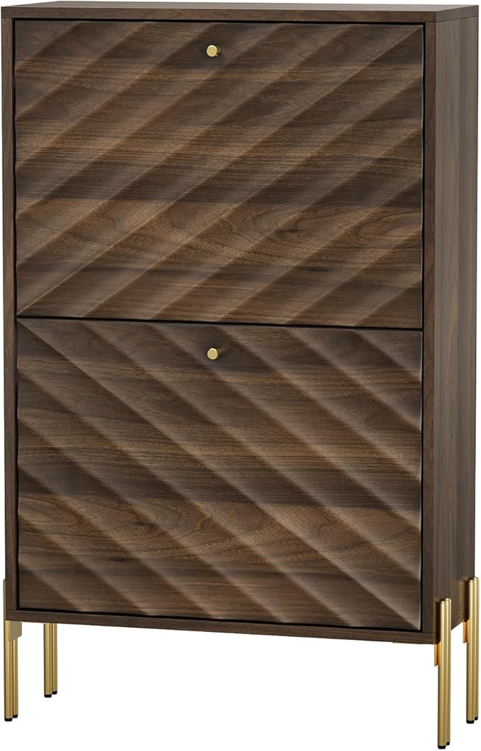 Spaco Walnut Shoe Cabinet for Entryway,Narrow Shoe Storage Cabinet with 2 Flip Drawers,Slim Shoe Rack Organizer for Hallway