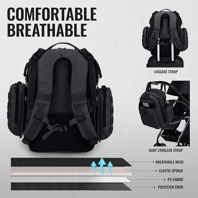 Dad Diaper Bag, Mens Diaper Bag Backpack with Diaper Changing Mat, Military Diaper Backpack with Molle Webbing, Waterproof Pouch, Baby Wipes pocket, Insulated Bottle Pockets- Tropical Black