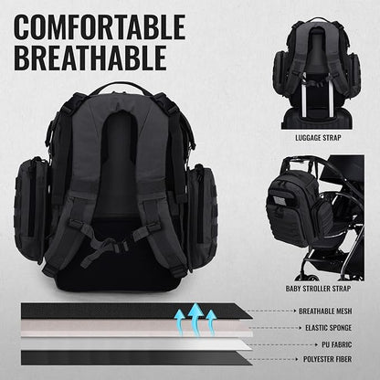 Dad Diaper Bag, Mens Diaper Bag Backpack with Diaper Changing Mat, Military Diaper Backpack with Molle Webbing, Waterproof Pouch, Baby Wipes pocket, Insulated Bottle Pockets- Tropical Black