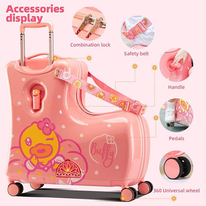 Kids' Lightweight Ride on Luggage with Spinner Wheels & Foldabe Design (Pink Donut, 24"+ Aged 3-12 Toddler), Birthday Gift