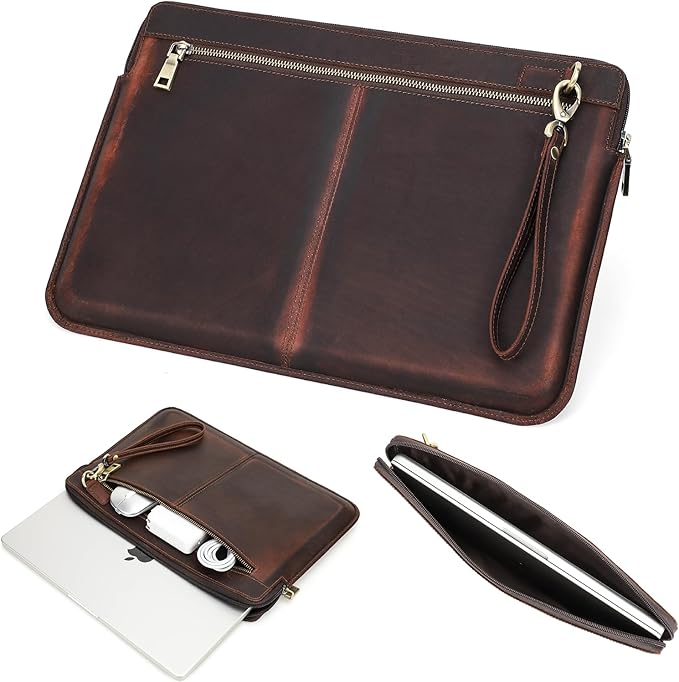 Top Grain Leather 15.4" Slim Laptop Sleeve Case Bag, Vintage Design with 2 Zip Pocket, Handmade, Compatible with MacBook Pro 15.4" Retina 2.6GHz ThinkPad 15.6" & Other PC, Coffee 15.4 Inch