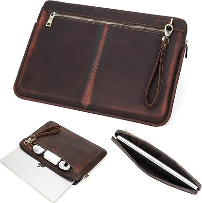 Top Grain Leather 15.4" Slim Laptop Sleeve Case Bag, Vintage Design with 2 Zip Pocket, Handmade, Compatible with MacBook Pro 15.4" Retina 2.6GHz ThinkPad 15.6" & Other PC, Coffee 15.4 Inch