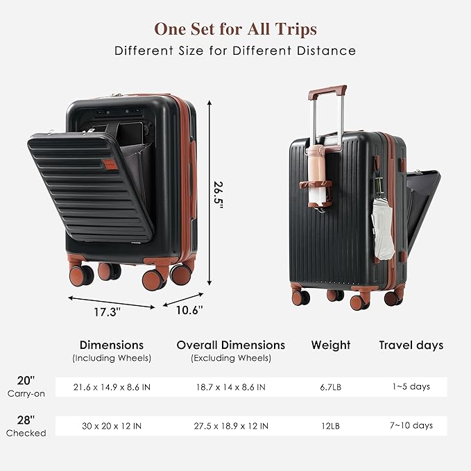 Merax 4-Piece Luggage Sets with USB Charging Ports 20/28Inch Checked Suitcase with TSA Lock Travel Duffel Bag Wet-Dry Toiletry Bag, black and brown