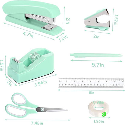 Green Office Supplies, Teal Desk Accessories Accessories with Tape Dispenser, Stapler, Staple Remover, 1000 Staples, Tape, Clips Set, Ruler, Scissor, Pen