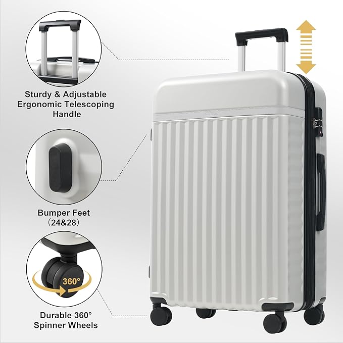 Merax Luggage Sets 5 Piece,Hardshell Expandable Suitcase with Spinner Wheels and Travel Bags,Lightweight Carry on Luggage,20/24/28IN,White Grey
