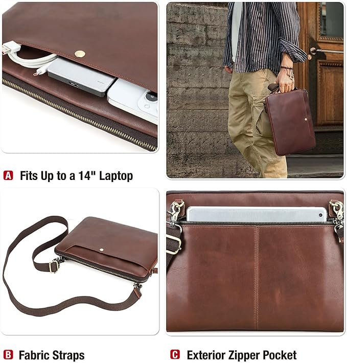 Top Grain Leather 14.2" Slim Laptop Bag Case, Handmade, Adjustable Strap & 2 Pockets, Compatible with MacBook Pro 14 inch 2021 2022 M1 Pro/M1 Max A2442 & Other PC, Red Coffee 14.2 Inch