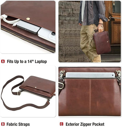 Top Grain Leather 14.2" Slim Laptop Bag Case, Handmade, Adjustable Strap & 2 Pockets, Compatible with MacBook Pro 14 inch 2021 2022 M1 Pro/M1 Max A2442 & Other PC, Red Coffee 14.2 Inch