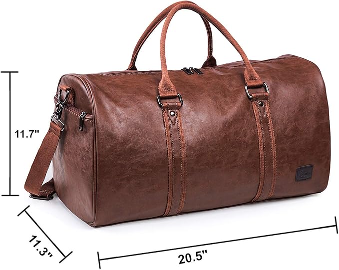 Leather Travel Bag with Shoe Pouch, Waterproof Weekender Overnight Bag,Carry On Duffel Bag for Men Women-Brown