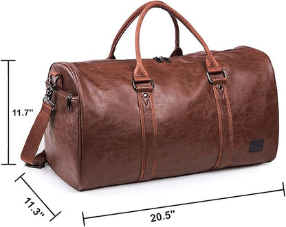 Leather Travel Bag with Shoe Pouch, Waterproof Weekender Overnight Bag,Carry On Duffel Bag for Men Women-Brown