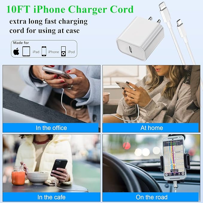 3Pack iPhone Fast Charger[Apple Mfi Certified],10FT iPhone Charger Fast Charging USB C to Lightning Cable with Type C Charger Block Fast Charging Adapter for iPhone 14 13 12 11 Pro Max X Xs Max 8Plus