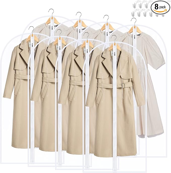 Garment Bags for Hanging Clothes, SMINDER Clear Plastic Bags Full Zipper Suit Bags PEVA Breathable Lightweight Garment Covers for Closet Storage, Suitable for Shirts, Jackets, Gowns (24" x 50"/8 Pack)