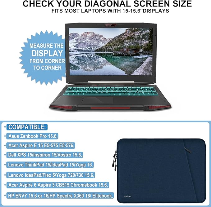 15.6 inch Laptop Sleeve Case, Shockproof Protective Computer Sleeve Cover with Accessories Pocket, Water Resistant Traveling Carrying Laptop Bag Compatible for MacBook Dell HP Acer Lenovo, Dark Blue