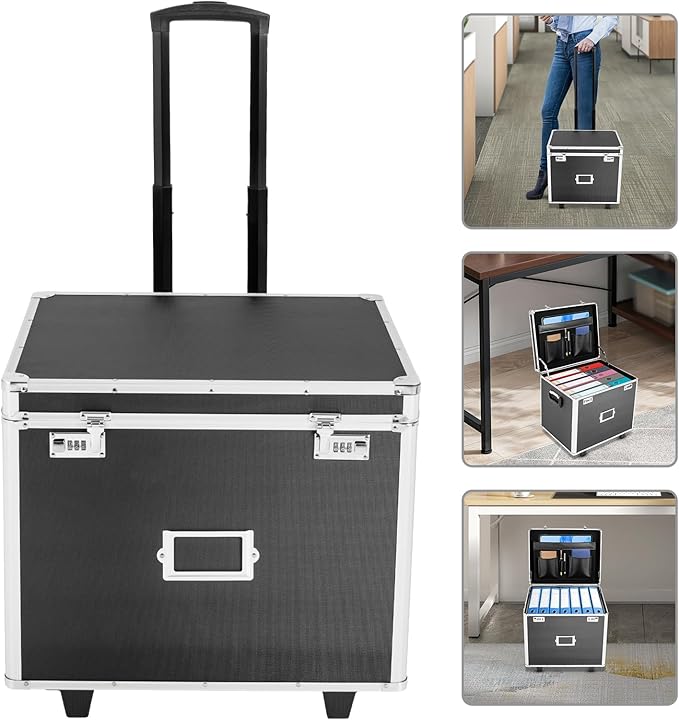Locking File Storage Box Portable, Aluminum Alloy File Organizer Box Mobile Document Box with Wheels, Hand Pull Locking File Case File Cabinet for Home Office Hospitals Banks School (Black)