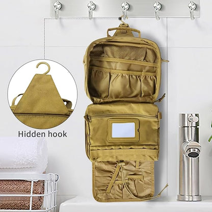 Toiletry Bag for Men Travel, Men's Hanging Toiletry Bag, Portable Dopp Kit Organizer with Hook - Shaving Bag, Tactical Travel Essentials Khaki（No molle）