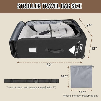RAYMACE Padded Stroller Travel Bag for Airplane,Stroller Gate check bag with Wheels Fits UPPAbaby Vista V2,Cruz V2(Remove Rear Wheels), Travel Safe Protection Storage Bag, Patterned Design,Black