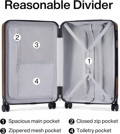 Hanke 24 Inch Luggage Suitcases With Spinner Wheels Lightweight PC Hard Shell Rolling Suitcase With Travel Lock,Checked-Medium 24-Inch （Brown）