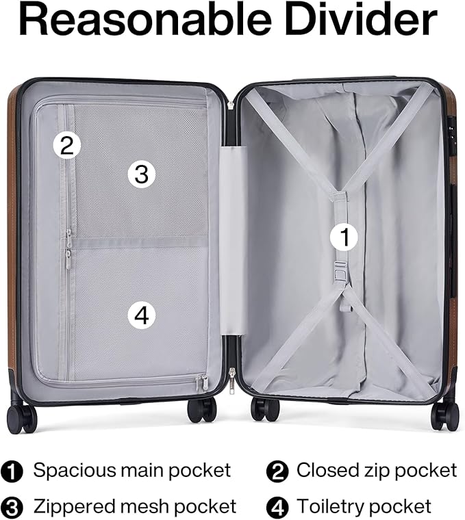 Hanke 20 Inch Carry On Luggage 22x14x9 Airline Approved Lightweight PC Hard Shell Suitcases with Wheels Travel Luggage Rolling Suitcase Travel Luggage Bag Christmas Gifts for Birthday （Brown）