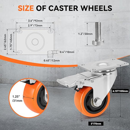 WBD WEIBIDA 3 Inch Swivel Caster Wheels with Brake, Safety Dual Locking Casters Set of 4 Heavy Duty of 1000lbs, Premium Polyurethane Wheels for Furniture and Workbench((Screws and Spanner)