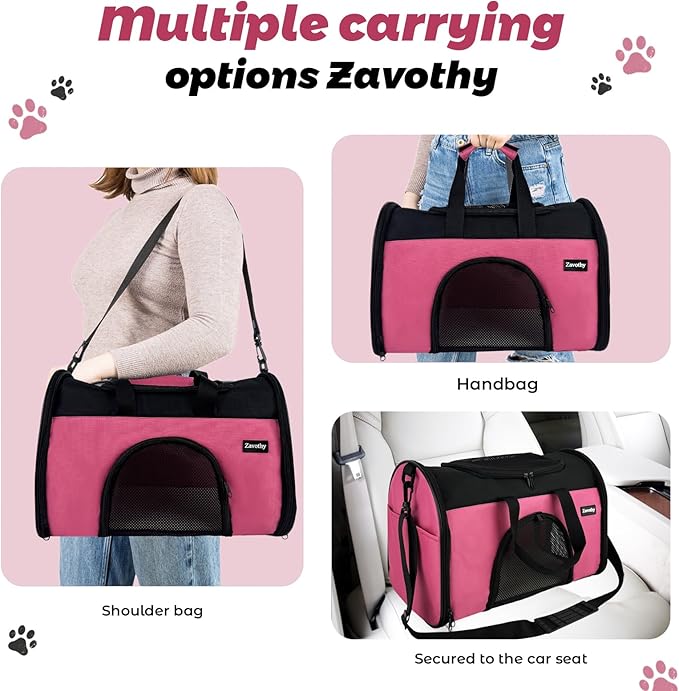Zavothy TSA Airline Approved Soft-Sided Pet Carrier for Small to Medium Cats and Puppies, Up to 15 Lbs – Collapsible Travel Carrier for Dogs & Cats, Pink