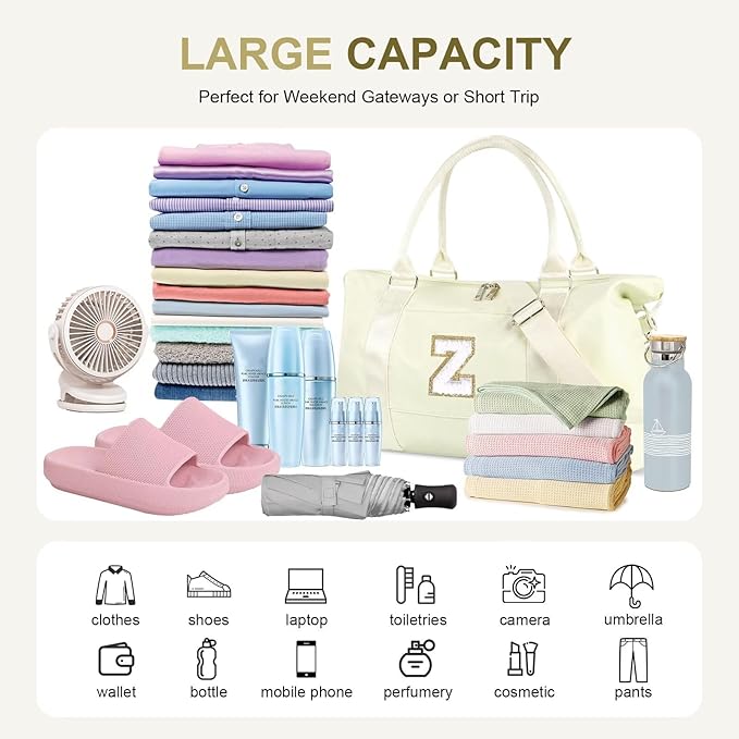 Dance Gym Duffel Bag for Teen Girls, Personalized Initial Travel Weekender Bag,Cute Overnight Carry On Duffle for Women,Sports Travel Cheer Bag,Monogram Christmas Gifts for Tween Preppy(beige-Z)