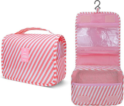 Large Capacity Toiletry Bag Travel Bag with Hanging Hook for Men and Women Waterproof Travel Cosmetic Bag Bathroom Storage Bag for Brushes Set, Full-Sized Shampoo,Accessories(Pink Stripe)