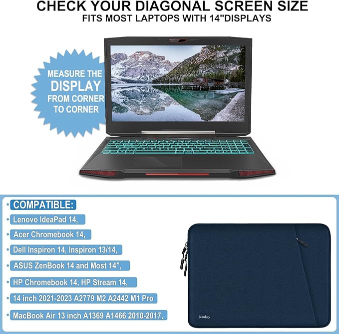 Laptop Sleeve Case 14 inch, Shockproof Protective Computer Cover with Accessories Pocket, Portable Laptop Bag Compatible for 14 inch MacBook Air/Pro, Dell, HP, Acer, Asus, Lenovo, Dark Blue
