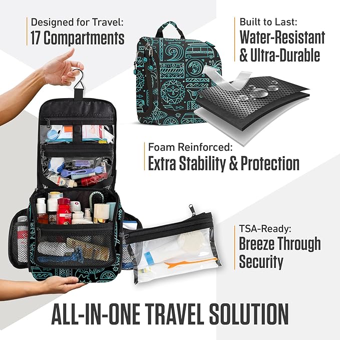 VENTURE 4TH Hanging Travel Toiletry Bag for Women & Men – Large Toiletry Organizer with 17 Compartments, Removable TSA Pouch, Travel Wash Bag for Toiletries, Makeup & Shaving Kit (Surfing Vibes)