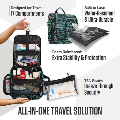 VENTURE 4TH Hanging Travel Toiletry Bag for Women & Men – Large Toiletry Organizer with 17 Compartments, Removable TSA Pouch, Travel Wash Bag for Toiletries, Makeup & Shaving Kit (Surfing Vibes)