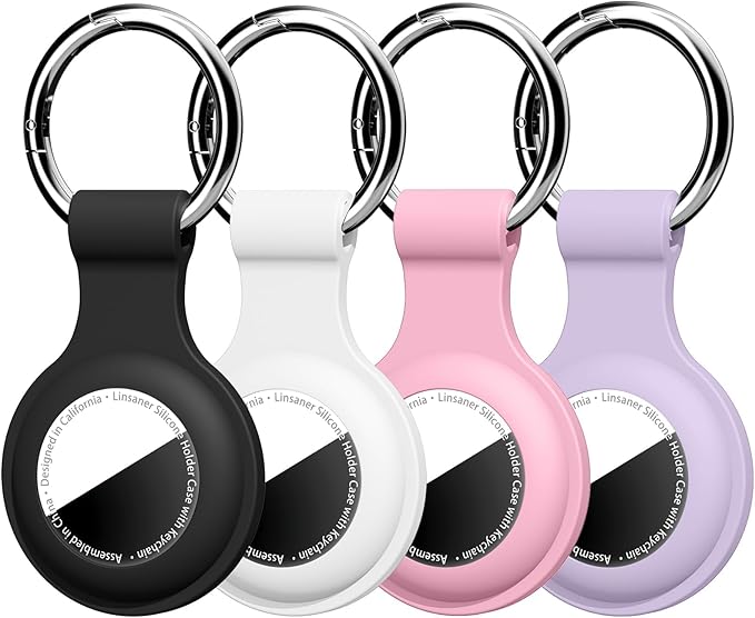 [4 Pack] Compatible with AirTag Holder Keychain Silicone Key Ring Cases Tags Chain for Apple for Air Tag GPS Item Finders Accessories, Black/White/Pink/Purple