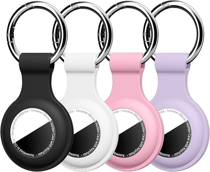 [4 Pack] Compatible with AirTag Holder Keychain Silicone Key Ring Cases Tags Chain for Apple for Air Tag GPS Item Finders Accessories, Black/White/Pink/Purple