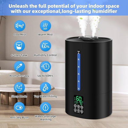 6L Humidifiers for Bedroom Large Room Home, Cool and Warm Humidifier for Plants Mist Top Fill Desk Humidifier Essential Oil Diffuser, Quiet Humidifiers with Adjustable Mist,360°Nozzle-Black