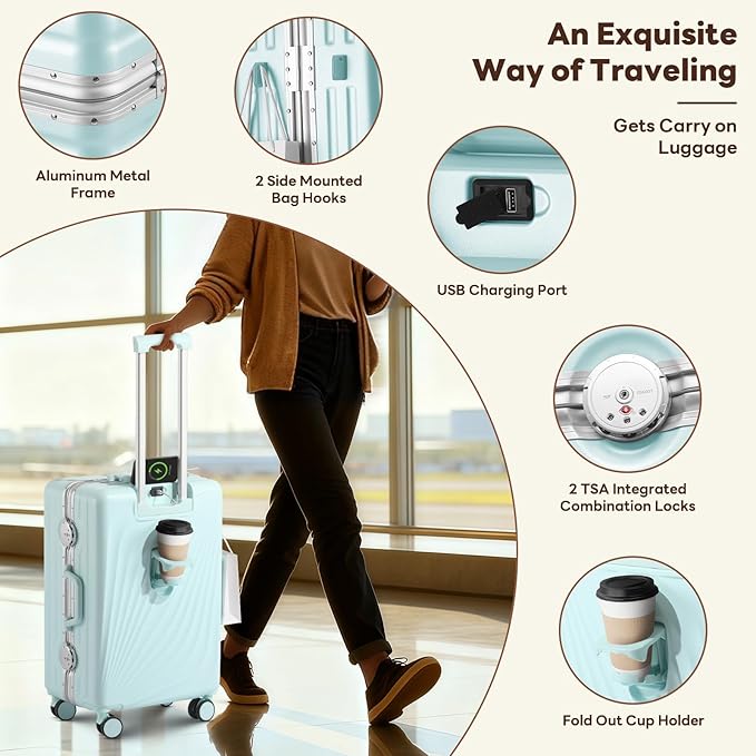 3-Piece Hardside Luggage Sets Aluminum Frame, 20+24+28 Inch Suitcases with USB Charging Port, Foldable Cup Holder, TSA Locks & Spinner Wheels for Travel, Mint Green