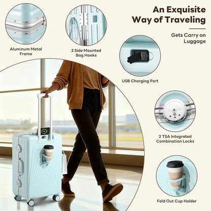 3-Piece Hardside Luggage Sets Aluminum Frame, 20+24+28 Inch Suitcases with USB Charging Port, Foldable Cup Holder, TSA Locks & Spinner Wheels for Travel, Mint Green