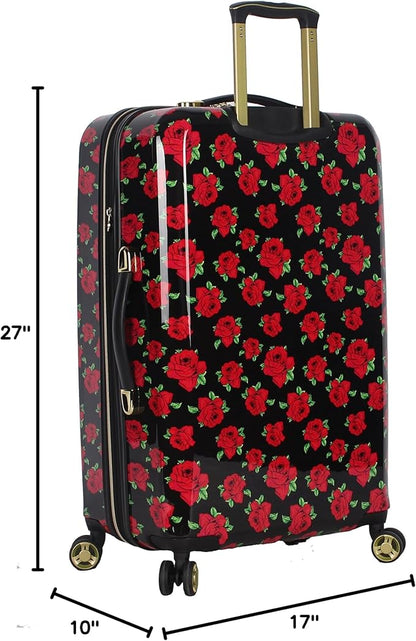 Betsey Johnson 26 Inch Checked Luggage Collection - Expandable Scratch Resistant (ABS + PC) Hardside Suitcase - Designer Lightweight Bag with 8-Rolling Spinner Wheels (Covered Roses)