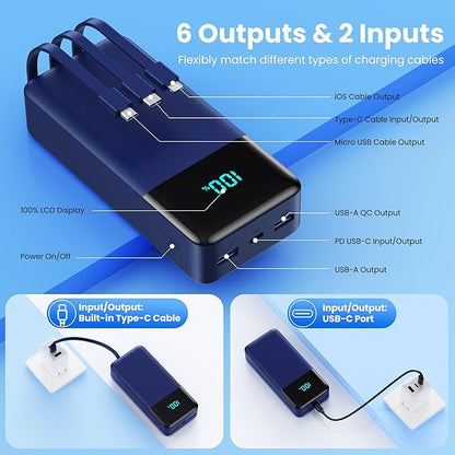 Portable Charger 50800mAh Power Bank with 3 Built in Cables,25W PD QC4.0 Fast Charging USB C Battery Pack,6 Outputs 2 Inputs Travel Essentials Phone Charger for iPhone 17/16/15,Google,Android,Blue