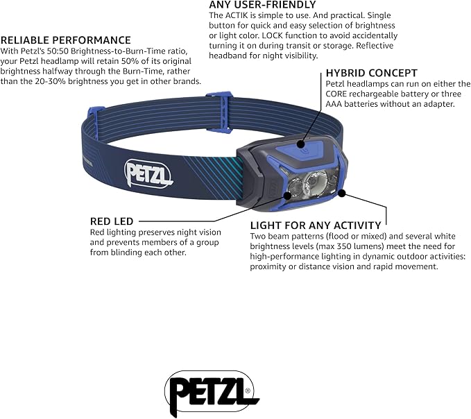 PETZL, Actik Core Lamp Blue, Powerful, Rechargeable, and Easy-to-use headlamp with red Lighting. 550 lumens