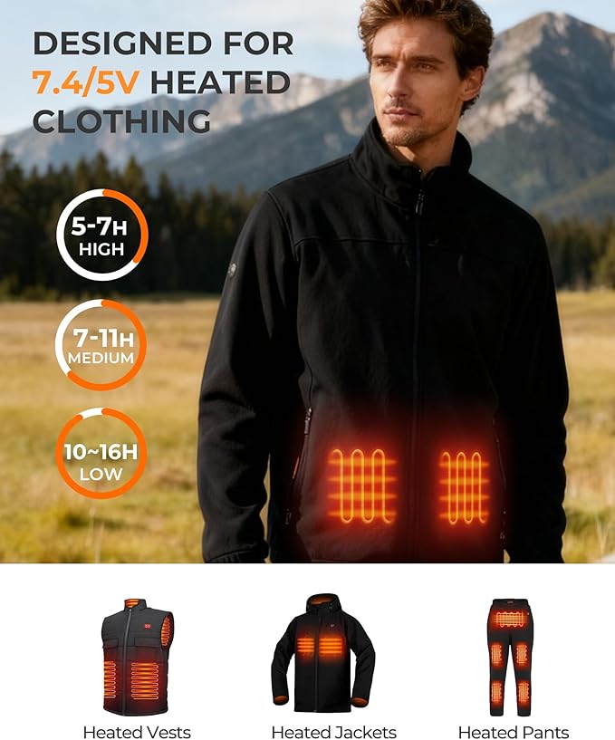5V/7.4V Heated Vest Battery Pack Compatible with ORORO, with Venustas, 20000mAh Battery Pack for Heated Vest, LED Rechargeable Power Bank for TODWARM, for XINSONYUELL, for Vestego, for Weamest