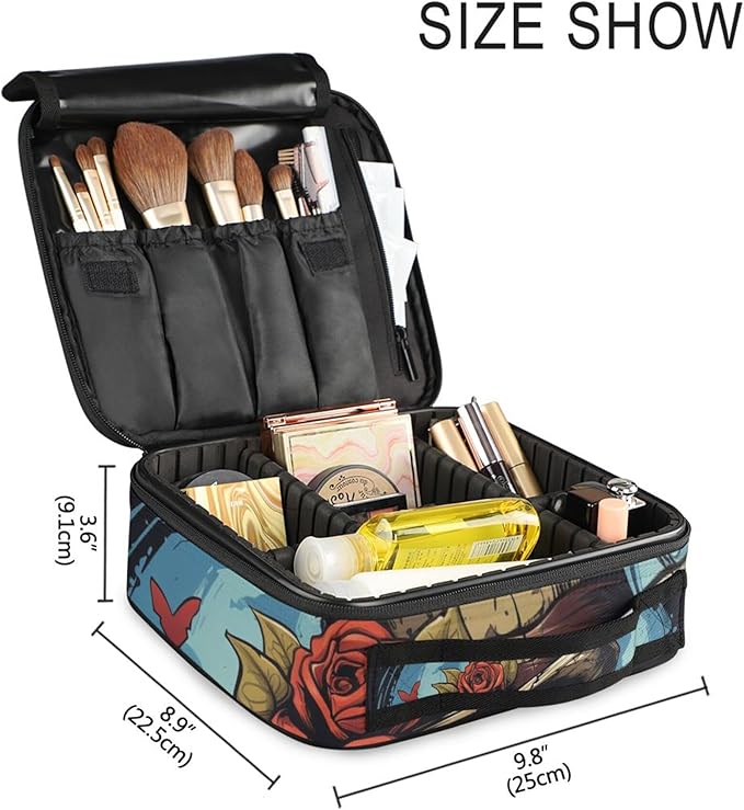 MNSRUU Travel Makeup Bag, Gothic Skull Rose Women Makeup Case Organizer Cosmetic Toiletry Bag for Teenage Girl with Adjustable Dividers