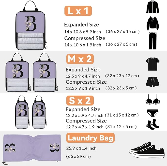 Custom Name 6 Set Compression Packing Cubes for Travel Accessories Customized Expandable Packing Organizers Personalized Carry On Essentials Luggage Bags, Lavender