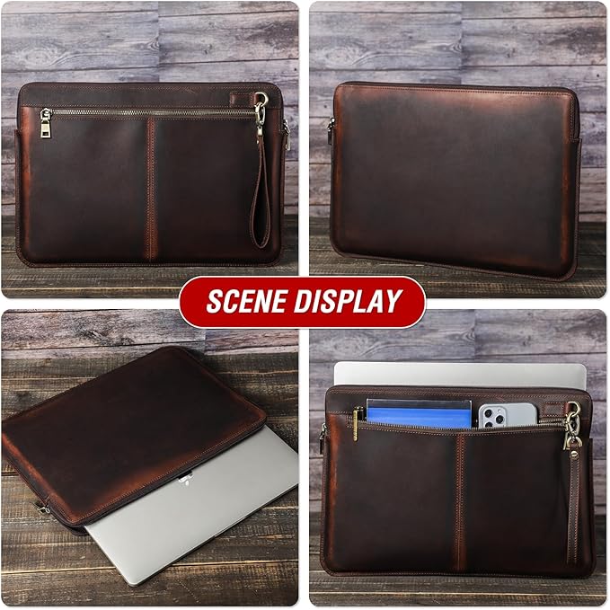 Top Grain Leather 15.4" Slim Laptop Sleeve Case Bag, Vintage Design with 2 Zip Pocket, Handmade, Compatible with MacBook Pro 15.4" Retina 2.6GHz ThinkPad 15.6" & Other PC, Coffee 15.4 Inch