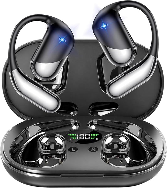 Open Ear Wireless Earbuds Headphones, Bluetooth 5.4, Built-in Mic, IPX7 Waterproof, LED Display Charging Case,Ear Hooks Clip Ear Buds，Design for Running Fitness Workout Office Game Gym