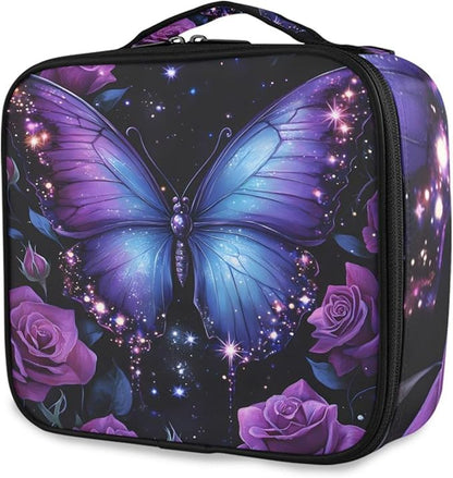 MNSRUU Travel Makeup Bag, Butterfly Rose Women Makeup Case Organizer Cosmetic Toiletry Bag for Teenage Girl with Adjustable Dividers