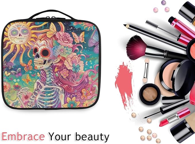 MNSRUU Travel Makeup Bag, Skeleton Woman with Flowers Women Makeup Case Organizer Cosmetic Toiletry Bag for Teenage Girl with Adjustable Dividers