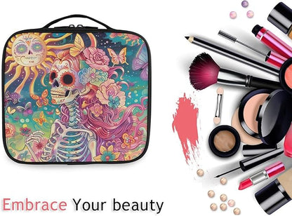 MNSRUU Travel Makeup Bag, Skeleton Woman with Flowers Women Makeup Case Organizer Cosmetic Toiletry Bag for Teenage Girl with Adjustable Dividers