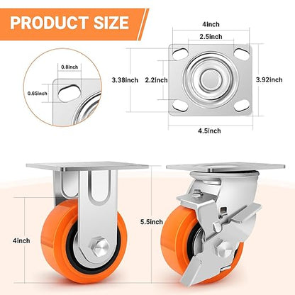 4"x2" Heavy Duty Casters - Industrial Casters Set of 4, Polyurethane Wheel Capacity up to 2500 lbs, Swivel Caster Use for Workbenches, Platform Truck, Dollies Cart(2 Brake & 2 Rigid)