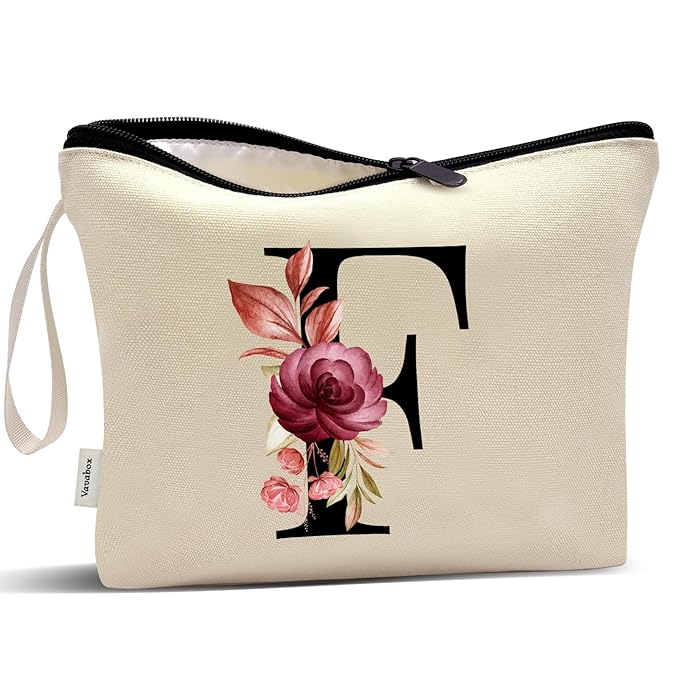 Vavabox A-Z Personalized Makeup Bag, Birthday Gifts for Women Mom, Gifts for Best Friend, Bride Bridesmaid Cosmetic bag (F, Yellow)