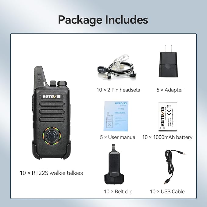 Retevis RT22S Walkie Talkies for Adults, 2 Way Radio with Earpiece, Channel Display, Rechargeable, Portable FRS Two-Way Radios, Mini Compact, for Hospitality Church School Retail Restaurant (10 Pack)