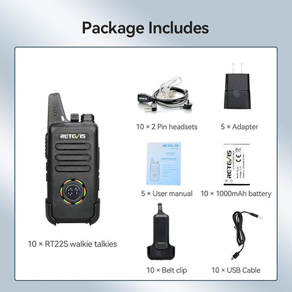 Retevis RT22S Walkie Talkies for Adults, 2 Way Radio with Earpiece, Channel Display, Rechargeable, Portable FRS Two-Way Radios, Mini Compact, for Hospitality Church School Retail Restaurant (10 Pack)